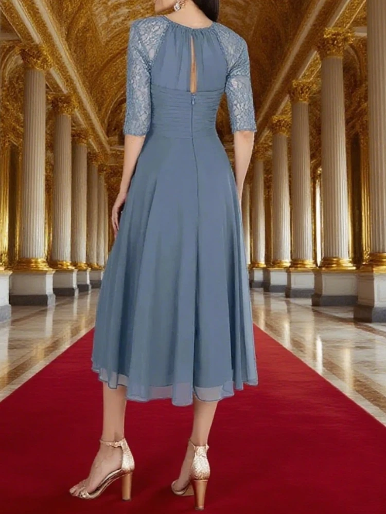 花嫁の母のためのレースのサマーアンクル丈ウェディングパーティードレス、シフォンのベスティド・デ・ノビア、スクープハーフスリーブ