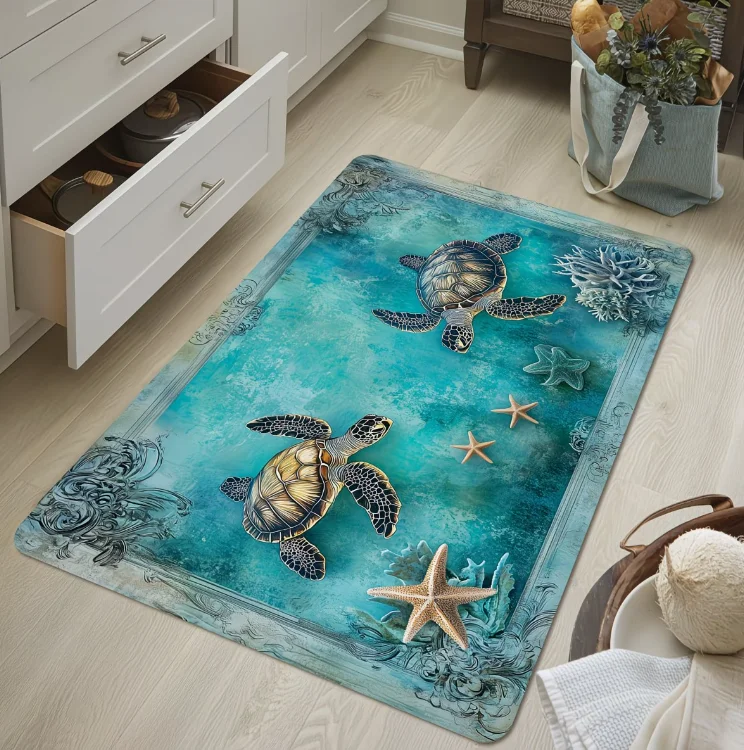 Plush Soft Marine Life Non-Slip Vintage Ocean-Themed Turtle Starfish Coral Bath Mat Bathroom, Entryway, Room, Beach House Decor