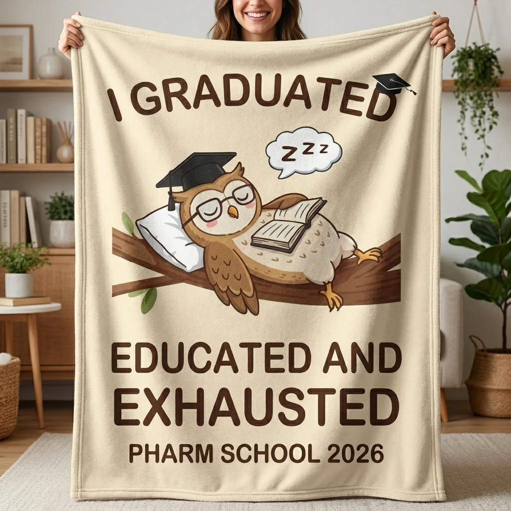 

Pharm School Grad Owl 2026 Flannel Throw Blanket, Funny Educated And Exhausted Pharmacy Grad Soft Cozy Home Decor Blanket