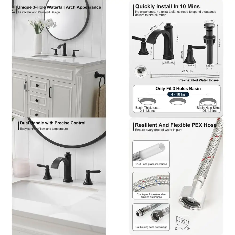 صنبور شلال نحاسي أسود غير لامع بثلاث فتحات، تركيبات حوض واسعة النطاق مقاس 4-16 بوصة مع خراطيم وصرف منبثق #1