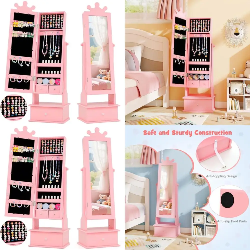 

Розовый деревянный шкаф для ювелирных изделий с зеркалом и ящиками для хранения, 64 слотами для колец для наряда для маленьких девочек
