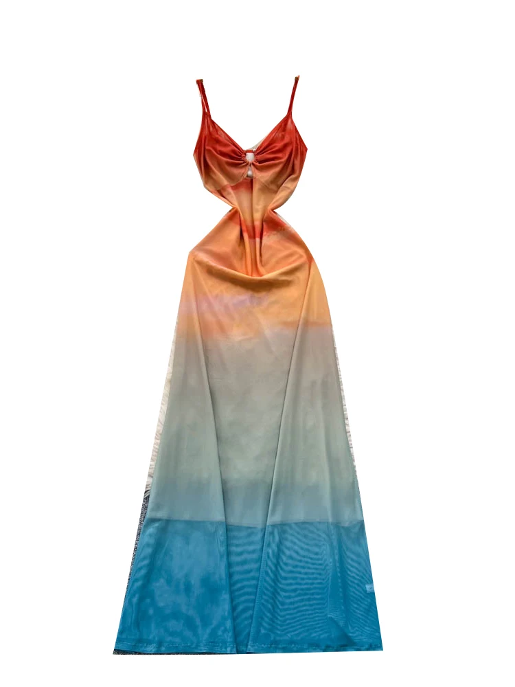 Beach Vaion Sle Femme Été Dr Strap Évider Métal Bleu Taille Cinched adient Couleur Jupe Longue Taille Haute A-...