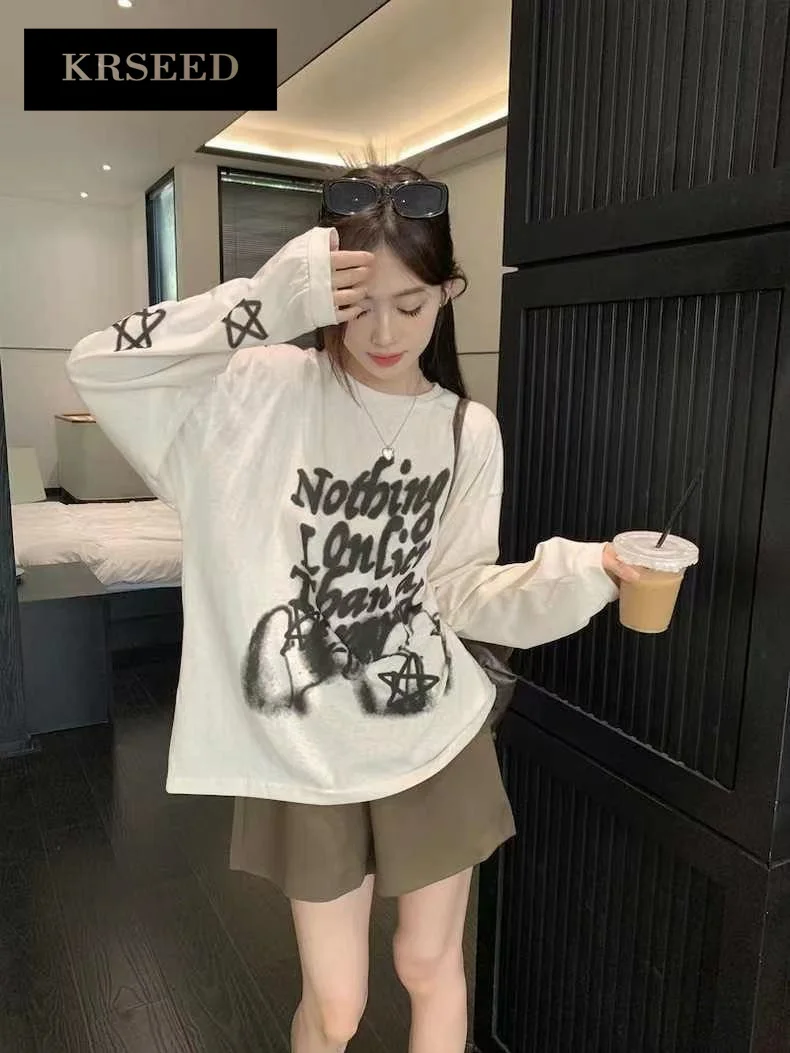 Vintage Graphic Letter T-Shirts Women Y2k Streetwear Korean Style Hippie Grunge Oversized Cotton T-Shirts White Long Sleeve Top