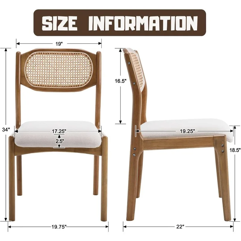 Rattan-Esszimmerstühle, 2er-Set, Beige-Leinen-Esszimmerstühle, natürliche Küchenstühle aus Holz, gepolstert, Mid-Century Modern Side