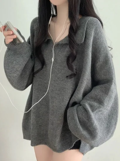 

Korean Sle Thiened Long Sve Knitted Sweater Women's Loose Fit Collar Mid-Length Overhead Winter Faion Top