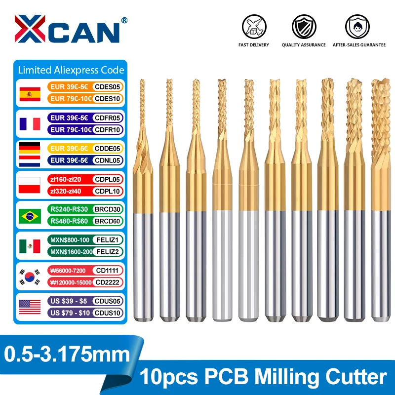 XCAN PCB Milling Cutter 10pcs TiN Coated 0.5-3.175mm CNC Router Bit 3.175mm Shank Carbide End Mill for PCB Machine Milling Tools