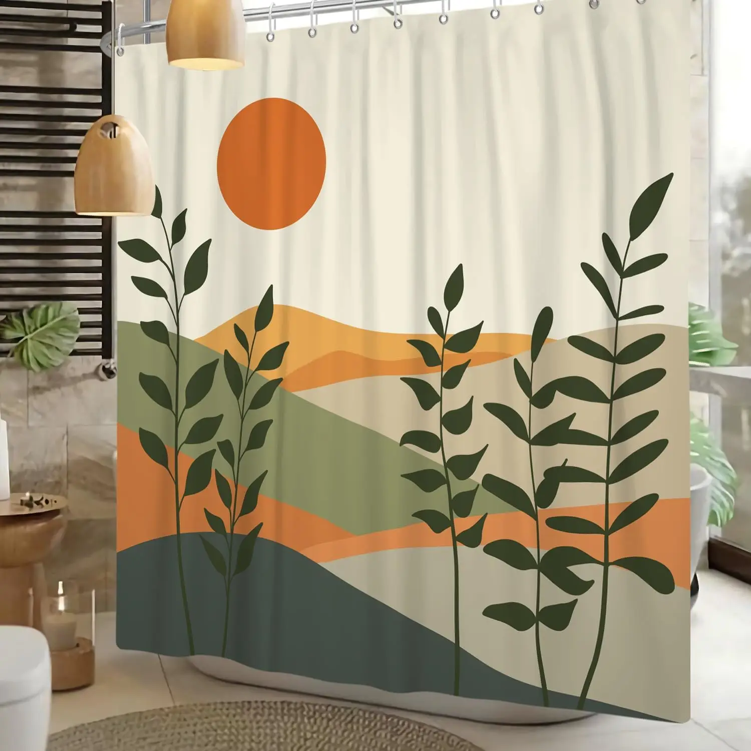 

Boho Leaf Print Shower Curtain Tropical Nature Sunset Mural Pattern Bohemian Jungle Forest Waterproof Bathroom Decoration