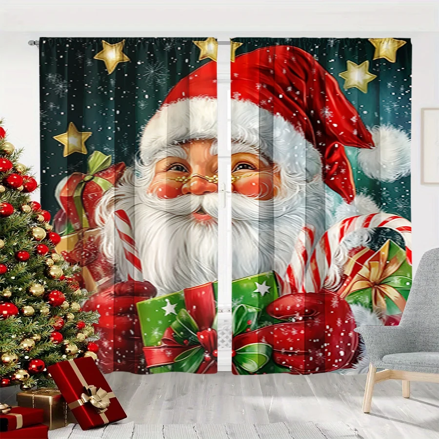 2PCS Santa Claus Face Print Curtains, Green Background Gold Star Candy Cane Window Drapes for Xmas Holiday Bedroom Decor