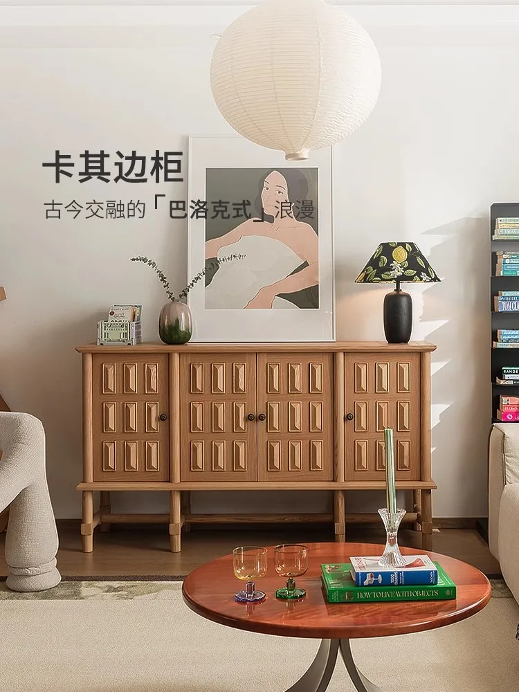 Vintage solid wood dining side cabinet French oak carved locker Medieval wabi-sabi TV cabinet porch cabinet