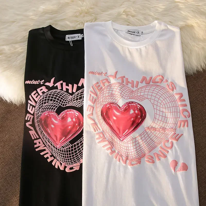 Camiseta com estampa de amor extragrande feminina, streetwear feminino, camisetas gráficas, manga curta, tops Harajuku casuais, fofos, Y2K