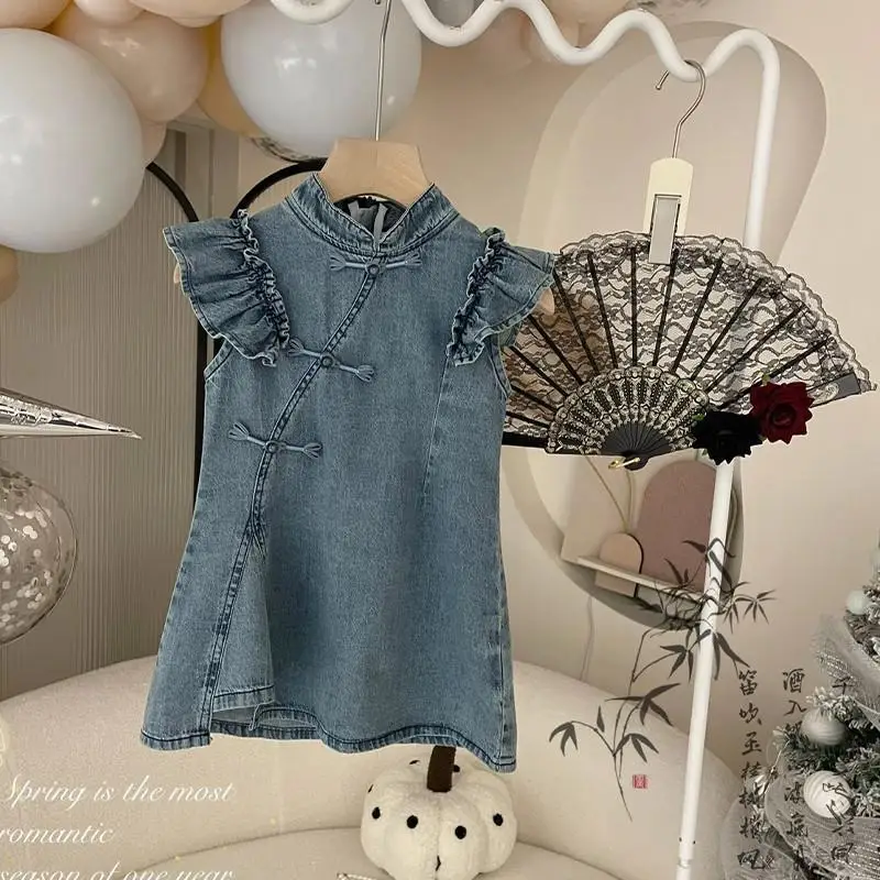 2024 New Girls Summer Clothes Soft Denim Girls' Princess Dress Chinese Traditional Clothing girl Child Clothes Elegant Dress