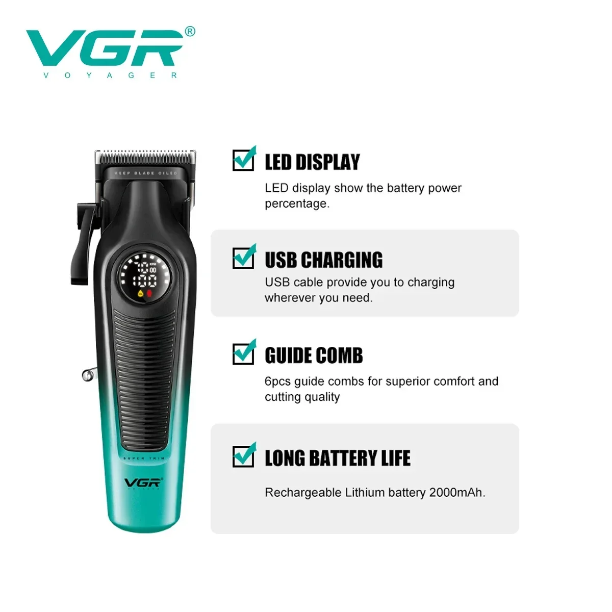 VGR V196 Men's Hair Clipper DLC Blade LED Display Hair Cutting Machine Barber Shop Equipment Professional Finishing Machine
