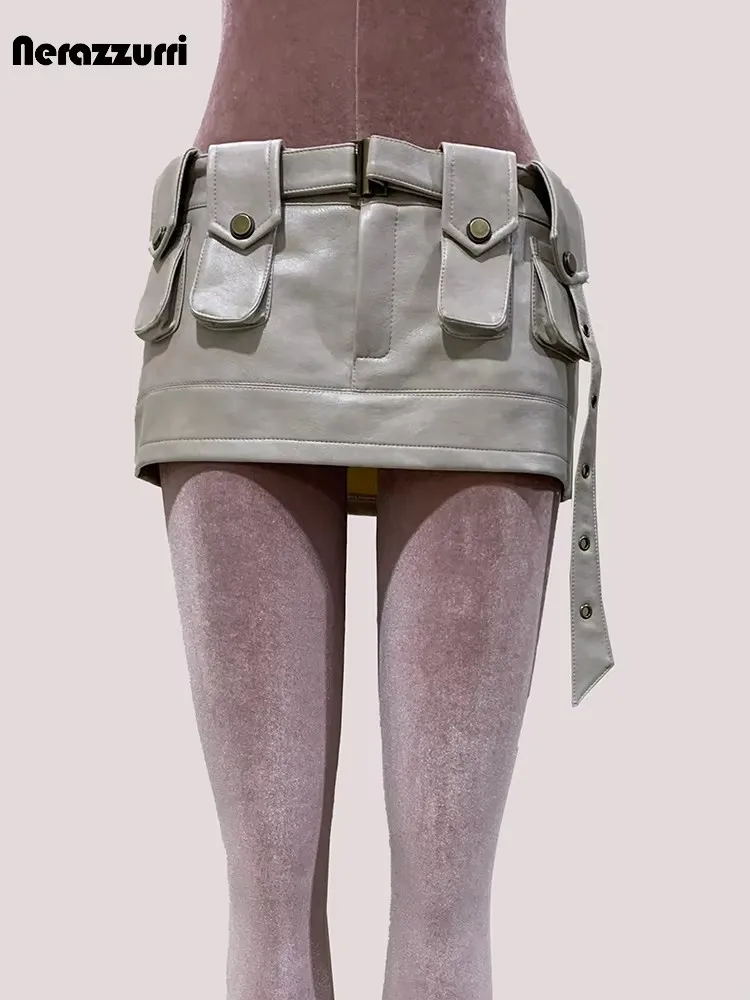 

Spring Summer Short Distressed Black Pu Leather Mini Skirt Women Low Waist Three-dimensional Pockets Luxury Designer Emo Clothes