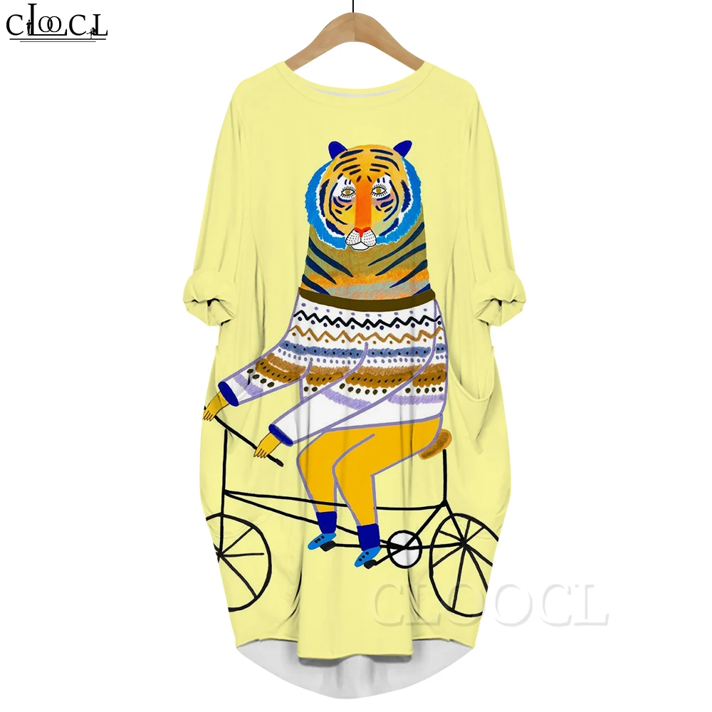 CLOOCL Abito stampato alla moda Divertente cartone animato Tigre Modello floreale Maniche lunghe Abito tascabile Abbigliamento femminile oversize Autunno 2022