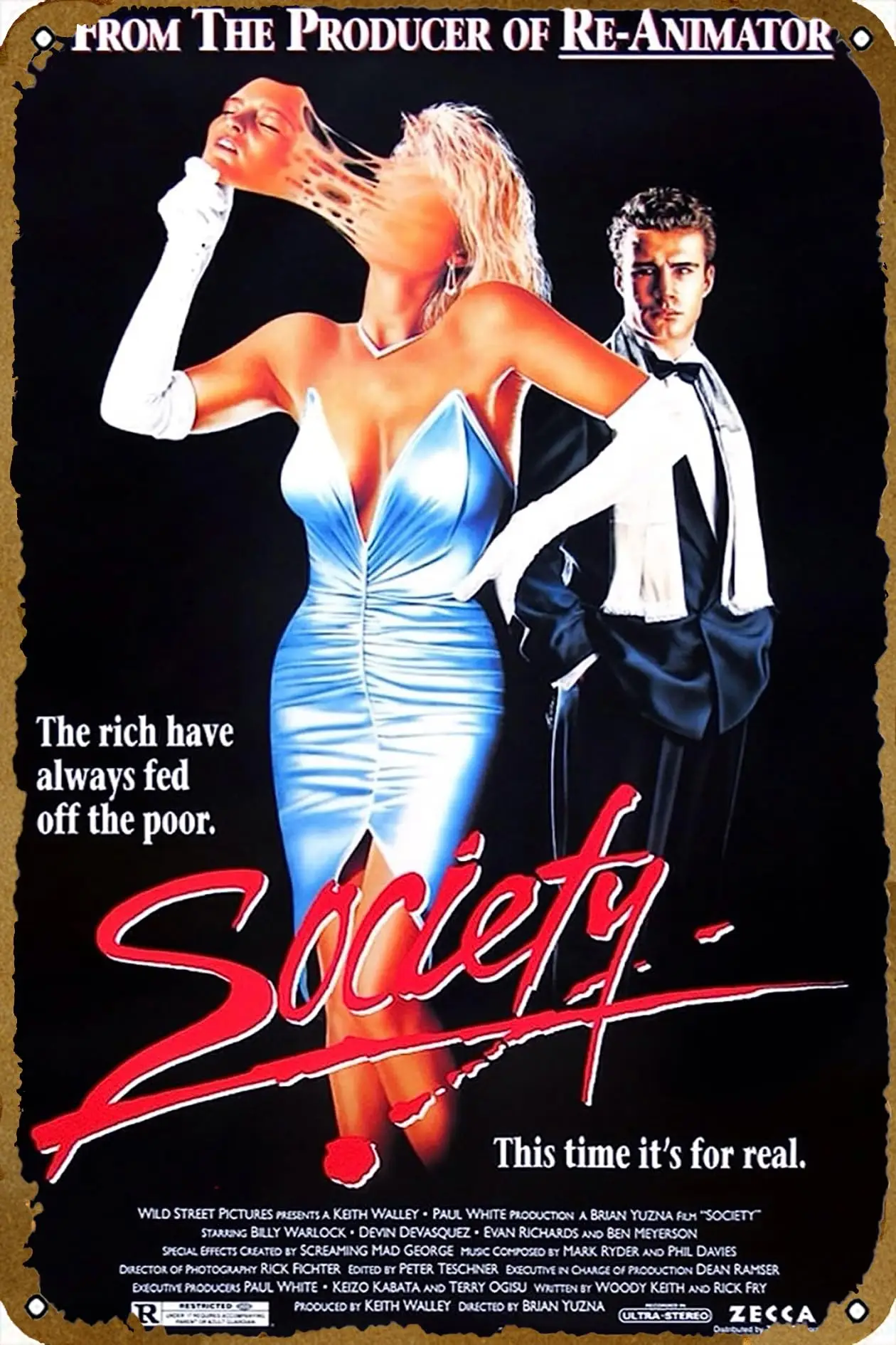 Society (1989) Vintage Horror Movie Tin Sign Retro Creepy Classic Scary Movie Film Metal Poster Sign Home Man Cave Movie Theater