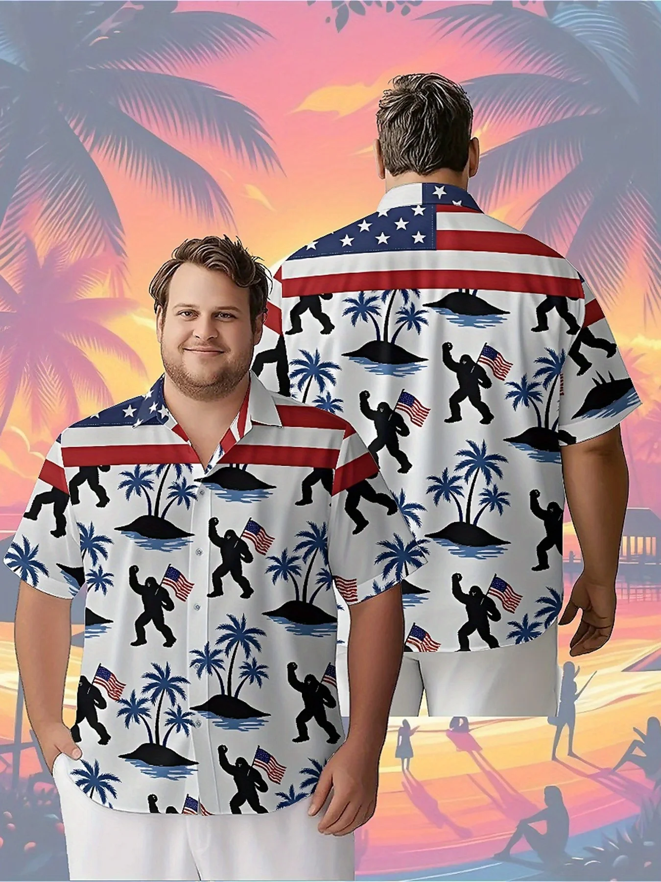 

Men's Plus Size Hawaiian ShirtsAmerican Flag and Sasquatch Themepattern, Unisex Aloha Shirts,New in Summer Tops Tee,streetwear