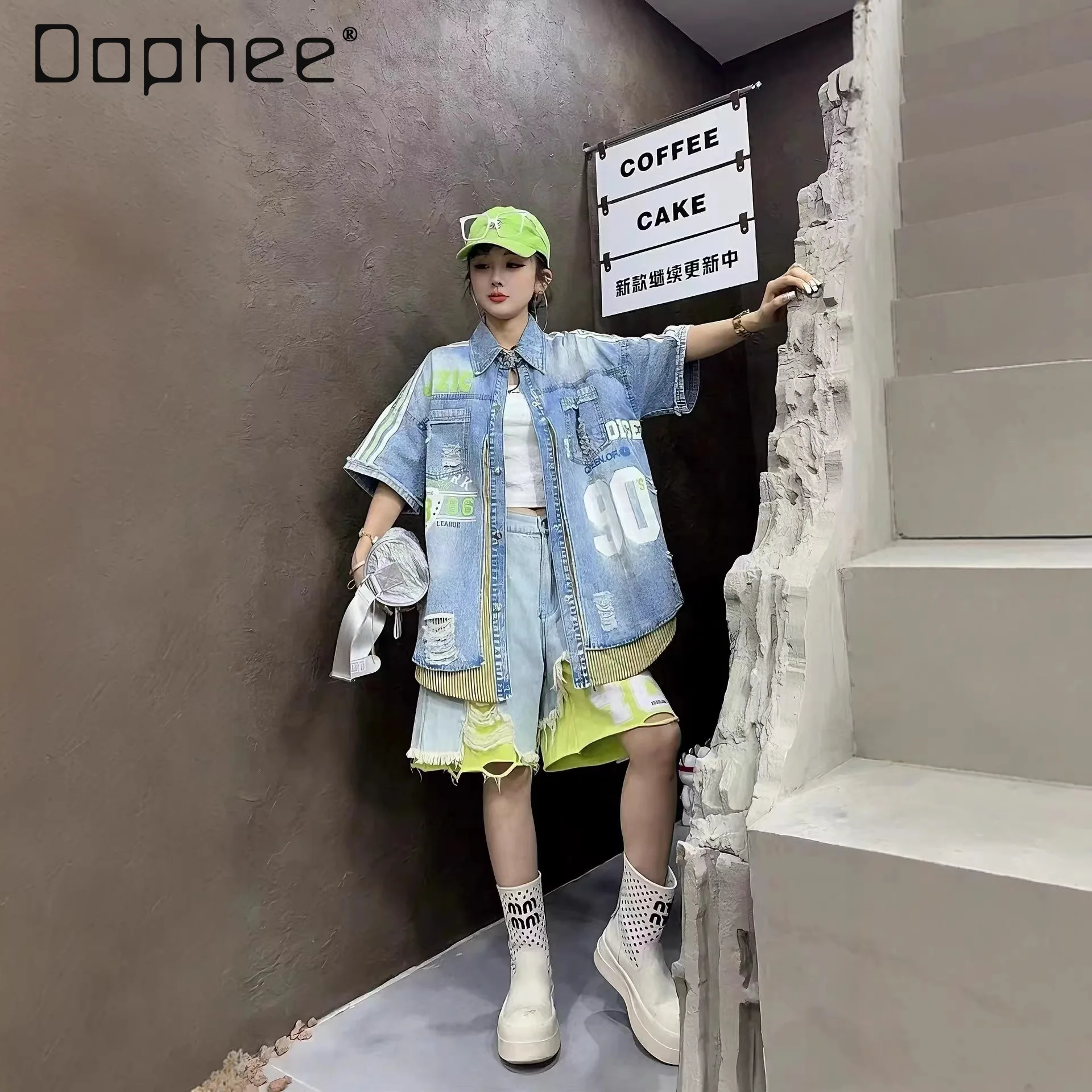 

European Trend Denim Suit Women Summer New Striped Splicing Denim Lapel Short Sleeve Jacket Ripped Fringed Shorts Two Piece Sets