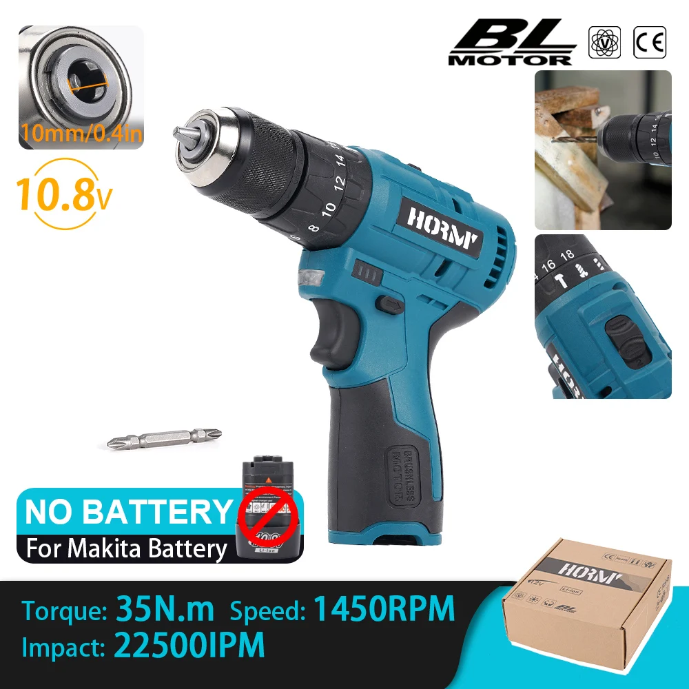 Hormy 10.8v chave de fenda elétrica furadeira elétrica ferramenta elétrica para bateria sem escova motor de alta velocidade para makita broca de percussão