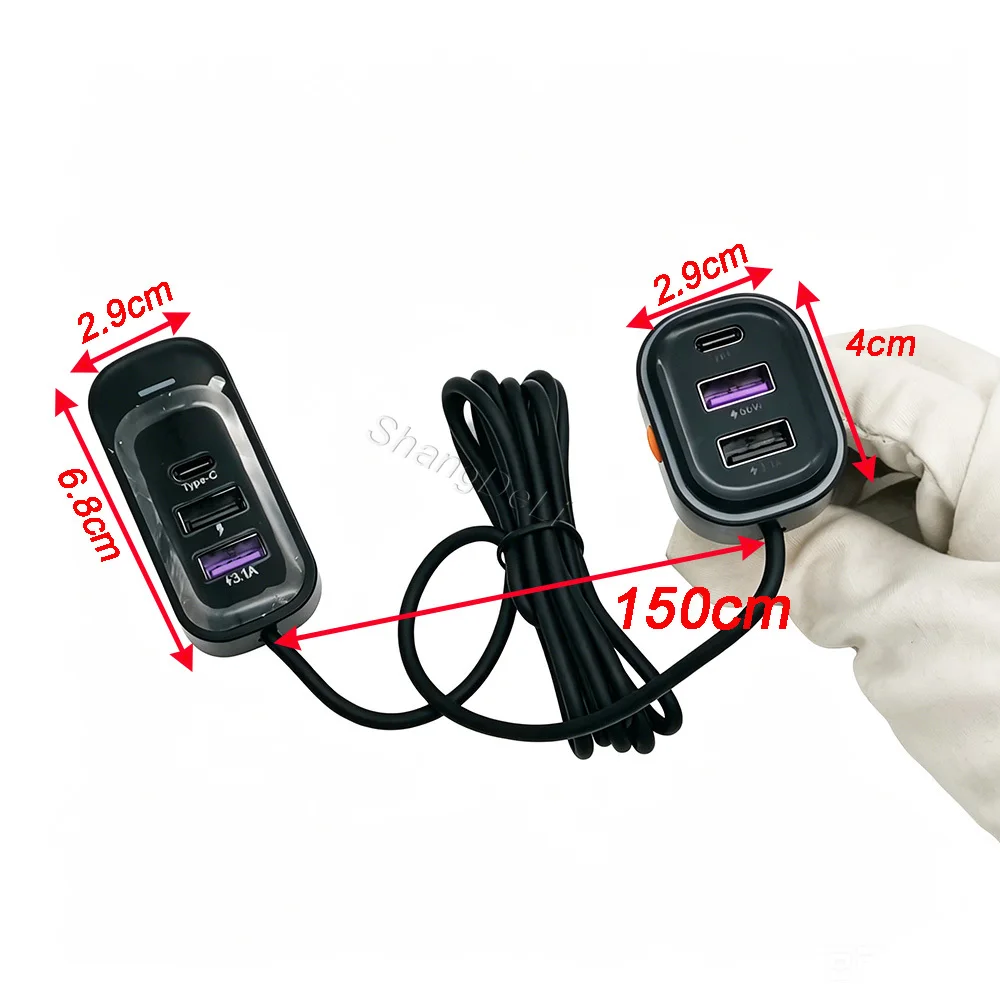 1PC Car USB Type‑C QC3.0 6‑Port Fast Charger with Cable Rear Seat Multi‑Device Universal Car Phone Charging Adapter 66W
