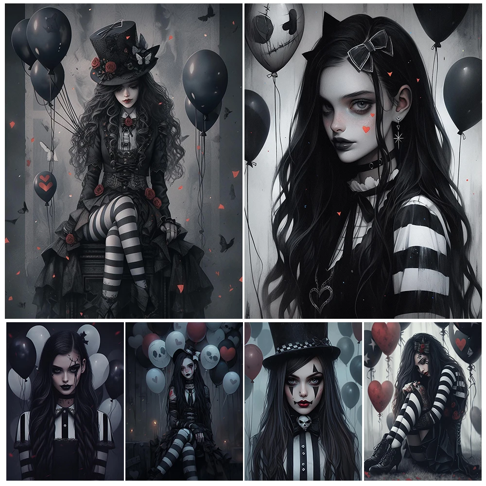 Creepy Dark Girl Vintage Wall Art Canvas Painting Mysterious Gothic Clown Girl Art Poster And Print Home Decoration Unframed