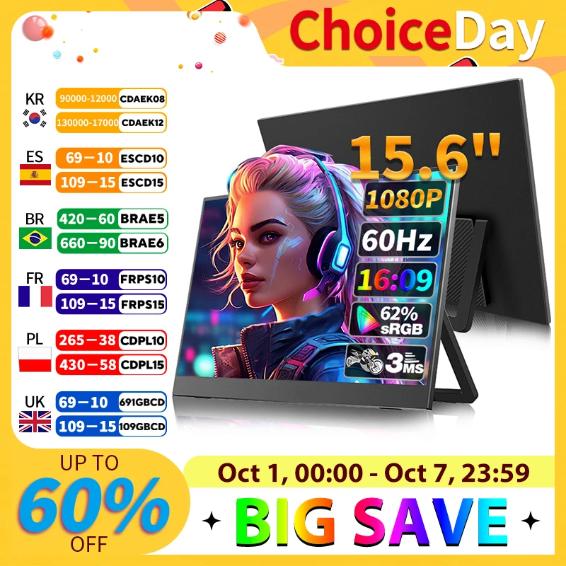 

Портативный монитор 15,6-дюймовый игровой монитор Full HD со встроенным кронштейном VESA Настенный монитор для ПК Mac Mobile Xbox PS5