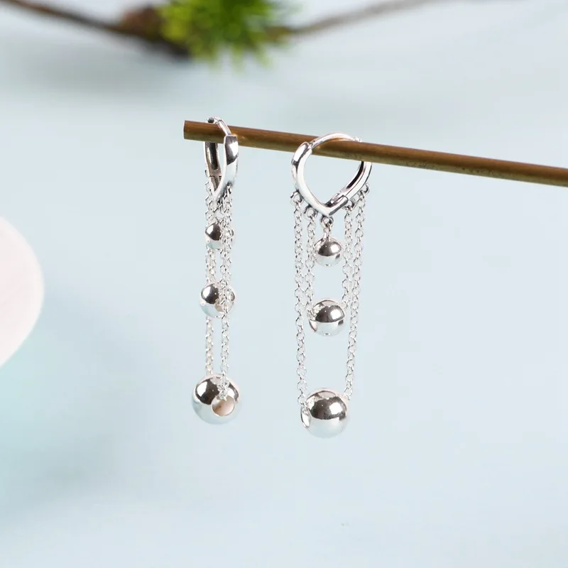 

Shining 925 Sterling Silver Chains Balls Tassels Earrings Women Glossy Silver Heart-shape Hoop Earrings Girls Students Brincos