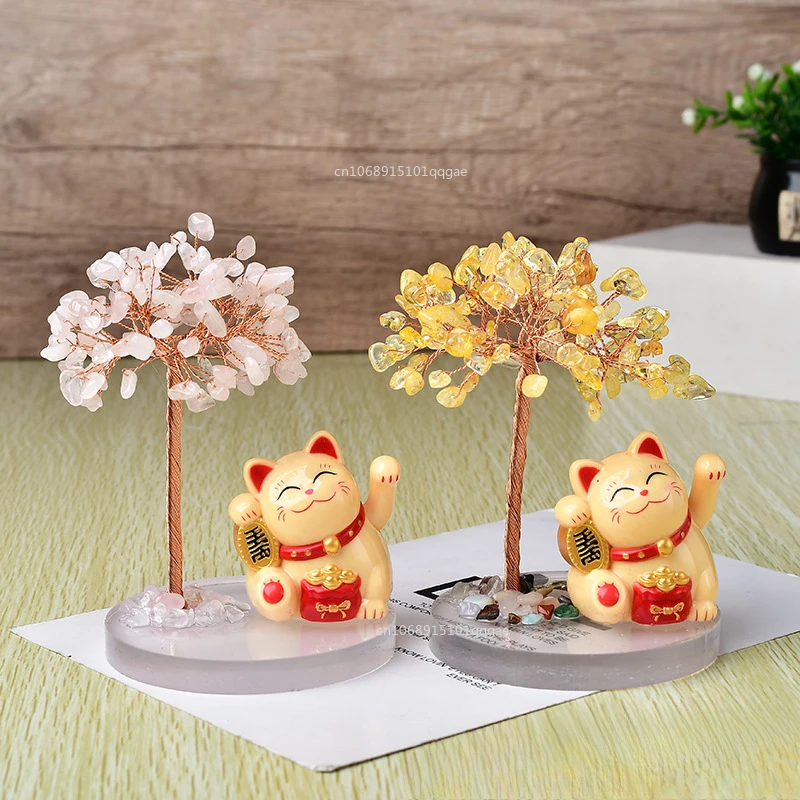 New Lucky Shake Hands Lucky Cat Base Fate Tree Natural Crystal Crushed Stone Life Tree Handwoven Home Decoration Ornaments