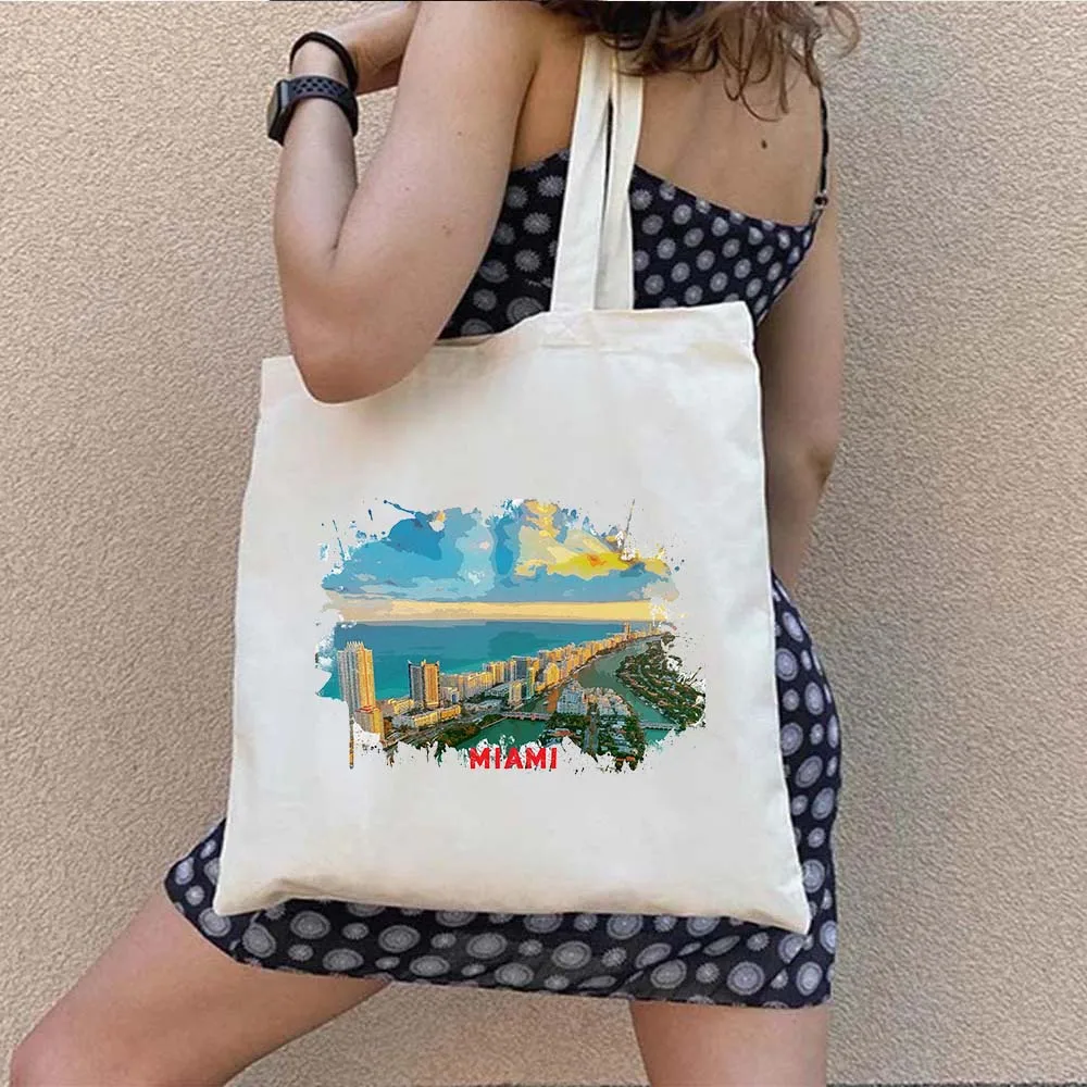 Miami Florida United States City Sights Landscape Watercolor Ink Oil Painting Shoulder Canvas Cotton Totes Bags Shopper Handbags