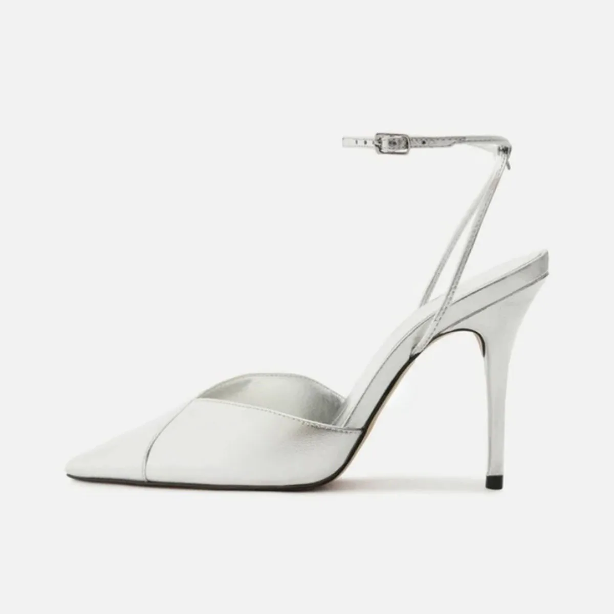 

Arden Furtado Summer silver Patent Leather One word buckle Sandals Pointed toe Super high heel Buckle strap Closed toe sandals