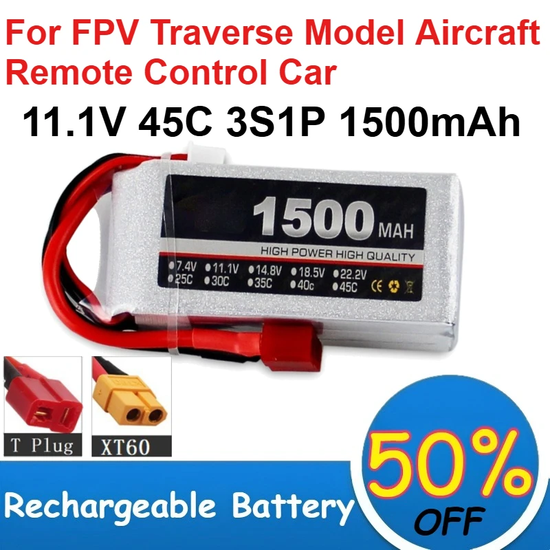

11.1V 45C Model Aircraft Lithium Battery for FPV Traverse Model Aircraft Remote Control Car Battery 3S1P 1500mAh Capacity