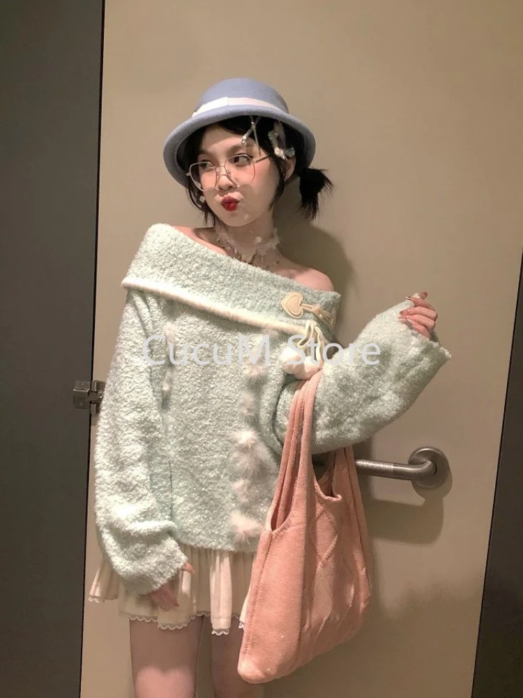 2000s Harajuku Kawaiii Sweet Y2k Pullovers Off Shoulder Elegant Knitted Sweaters Casual Cute Korean Fashion Jumpers Tops Woman