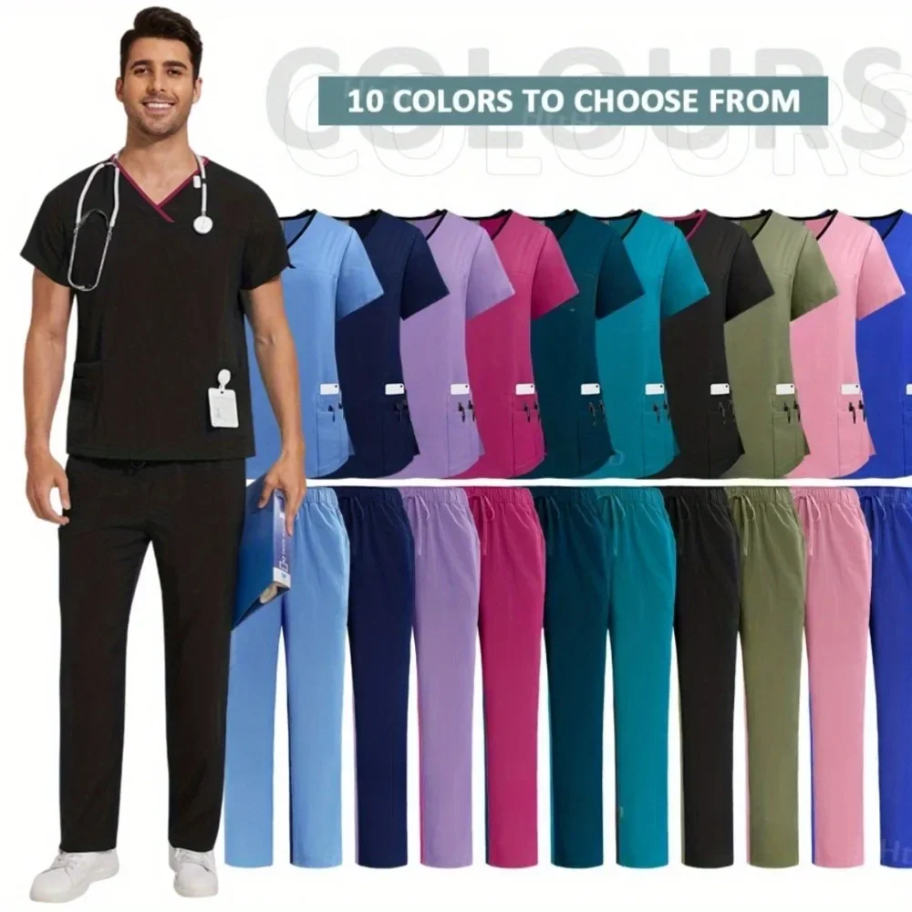 

Мужской и женский однотонный круглый топ с короткими рукавами и брюками на полумолнии, повседневная униформа, скраб, комплект с двумя карманами