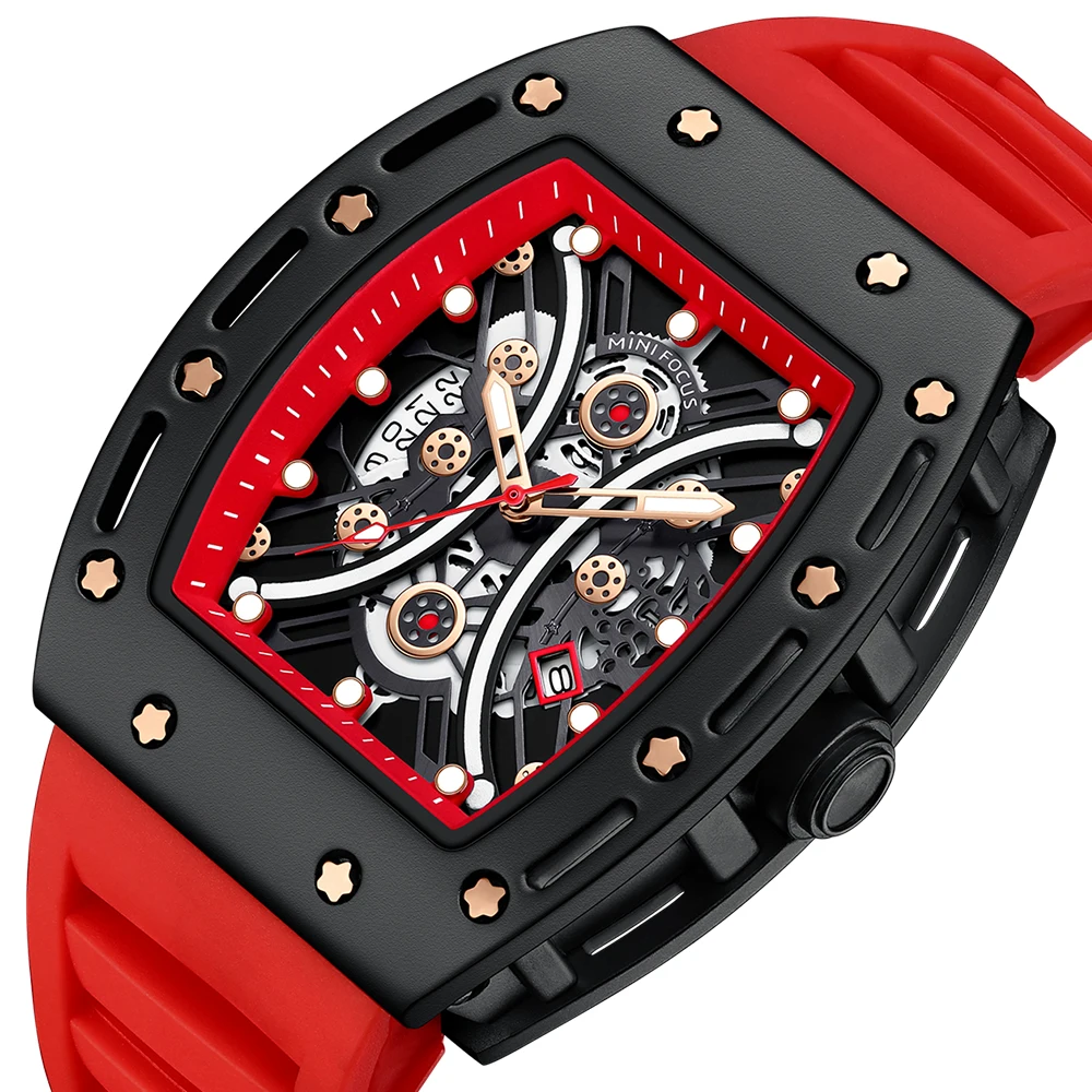 MINI FOCUS Men's Quartz Watch, Barrel-Shaped Skeleton Dial, Curved Mineral Glass, Luminous, Calendar, 30M Water Resistant
