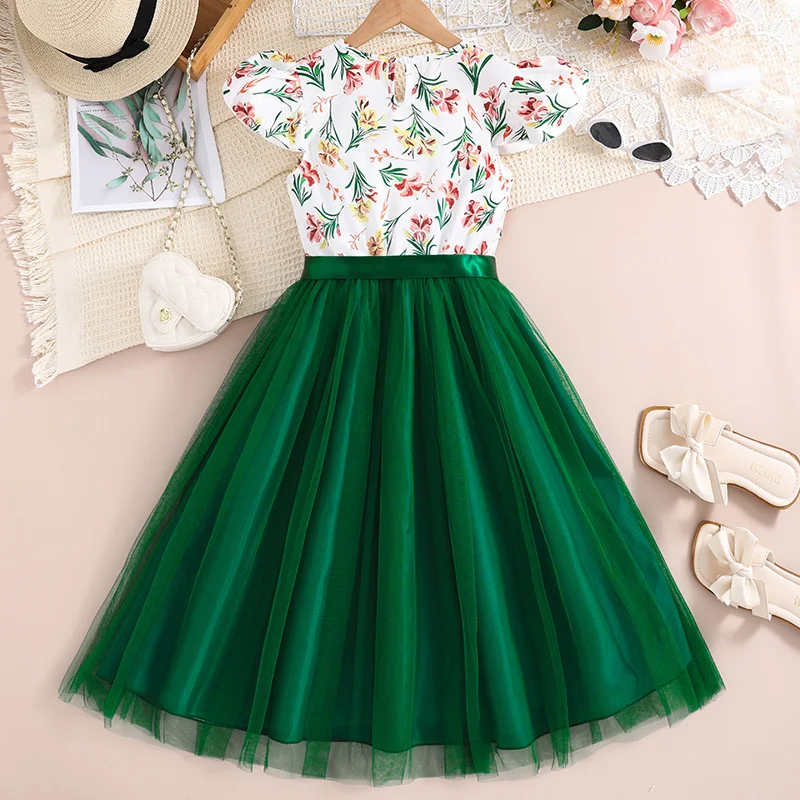 Summer Dress For 8-12 Years Grils Kids White Print Fly Sleeve Green Knee-Length Tulle Dress Casual Style Beach Holiday Clothes