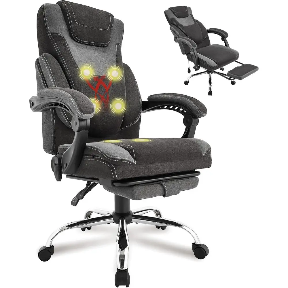 Ergonomic High-Back Reclining Computer Chair with Footrest, Vibration, Heat for Big and Tall, Thick Cushion, Black/Grey