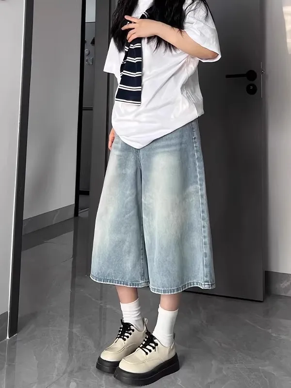 

American Retro Straight Leg Jeans Women's Summer Thin Wide Leg Seven-Foot Denim Pants High Waist Casual Loose Fit Jeans