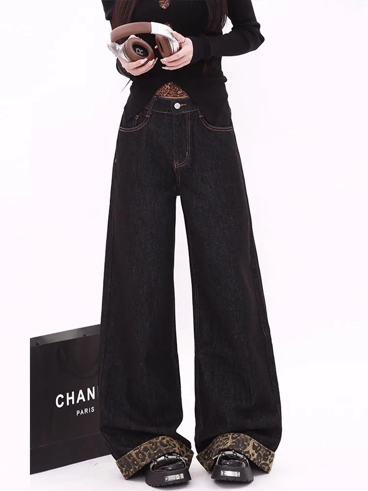 กางเกงยีนส์ขาบานลายเสือดาวสไตล์เรโทร เอวสูง ขายาวสำหรับผู้หญิง ไซส์พลัส ทรงหลวม ตรง ปลายขาด