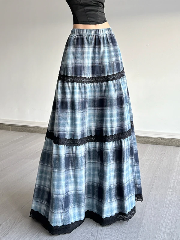 

Retro Chic Blue Checkered Lace Spliced Stretch Layered Tiered Skirts For Women High-waisted Slim-fit Casual A-line Skirt Summer