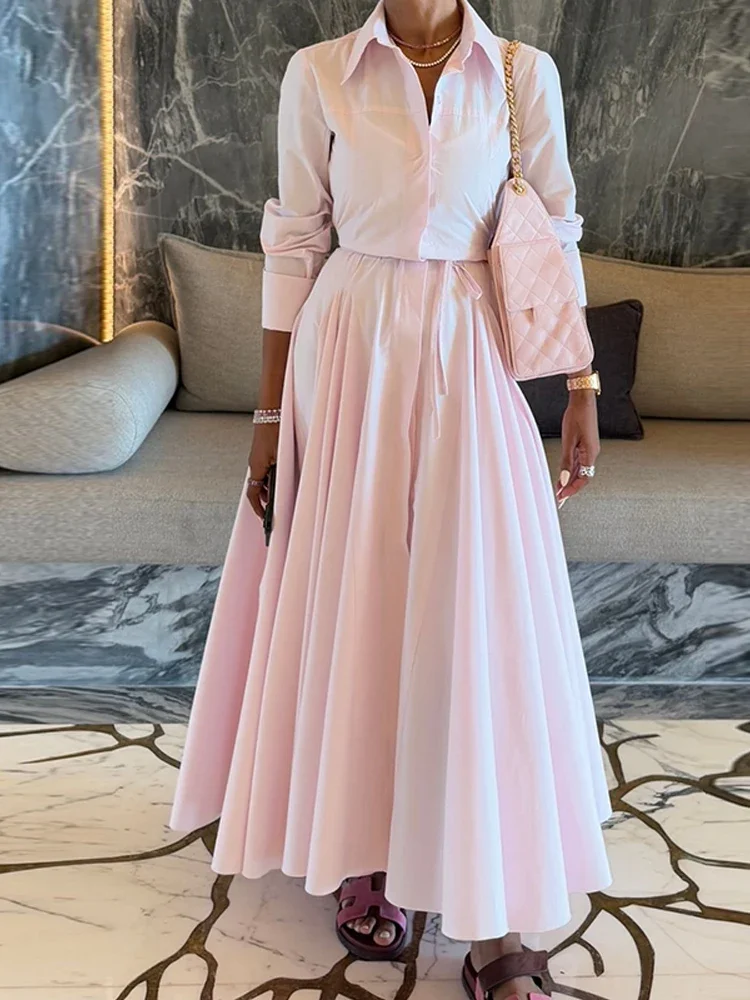 

Women's Spring Pink Shirt Skirts Set Elegant Turndown Collar Single-breasted Shirts High Waist Midi Skirt 2 Piece Sets Women