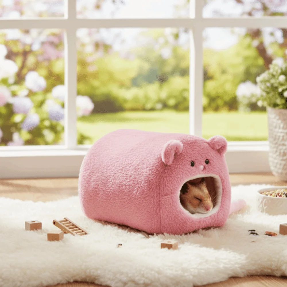 

Washable Bear Shape Hamster Warm Bed Fleece Cute Hamster Cage Bed Cozy with Mat Pet Sleep Nest Cage Accessor
