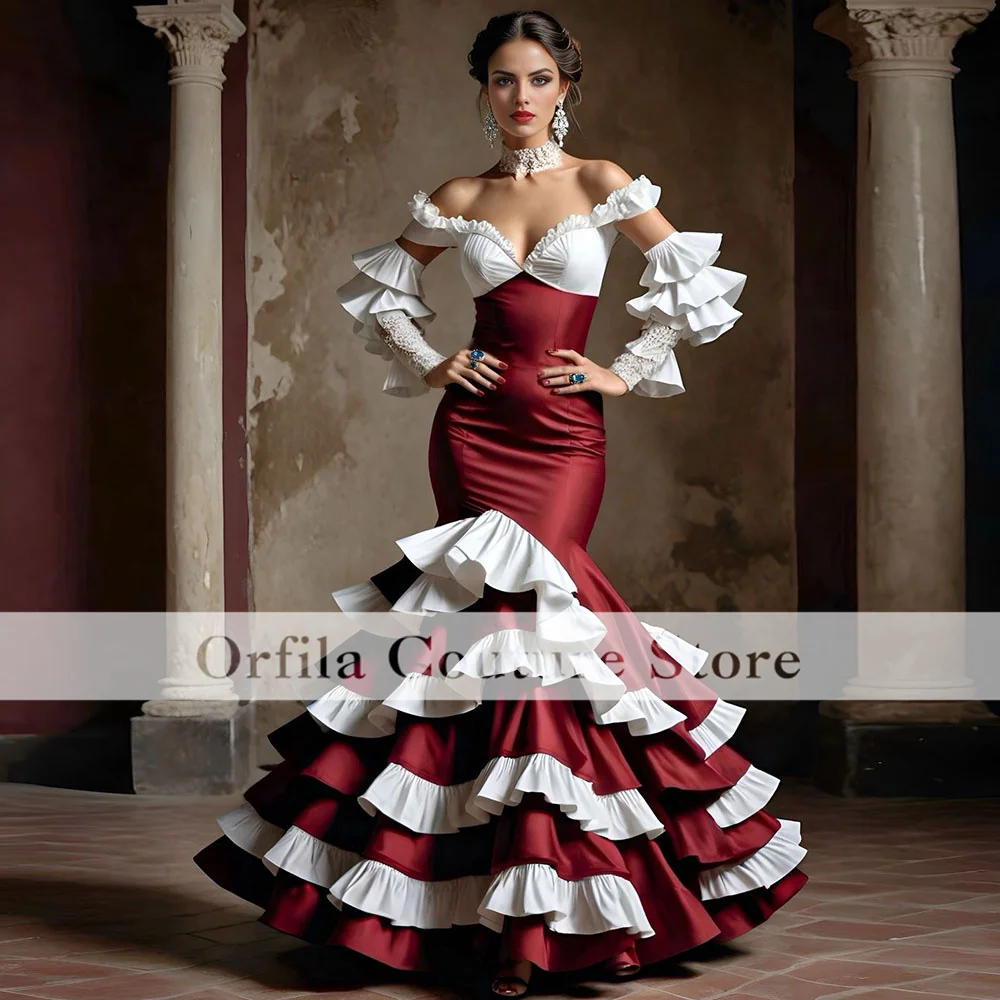 Increíble vestido de fiesta de flamenco rojo y blanco, vestido de noche victoriano de sirena escalonada, vestido de fiesta Formal de hechicera de manga larga personalizado
