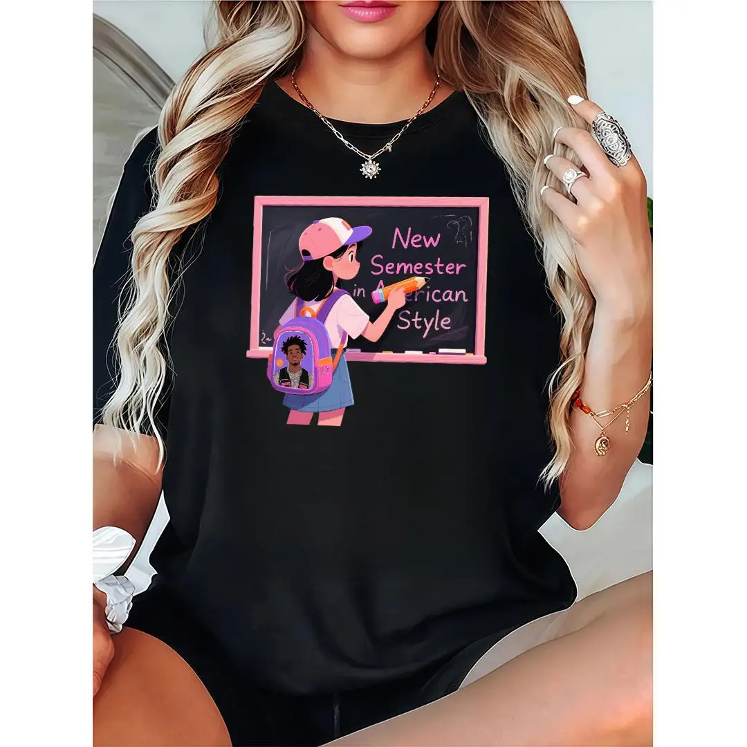 

Women's Back To School T-Shirt | "New Semester American Style" Graphic Tee | Cute Student Teacher Gift Casual Top