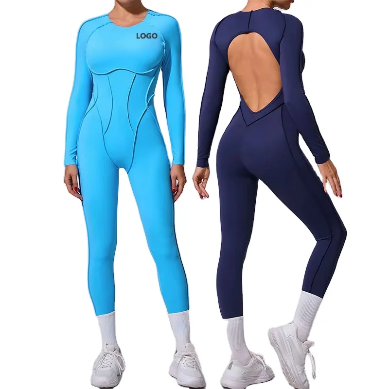

Модный полый спортивный комбинезон с открытой спиной, женский спортивный костюм с длинным рукавом на молнии, комбинезон для фитнеса, цельный спортивный комплект, одежда для тренировок