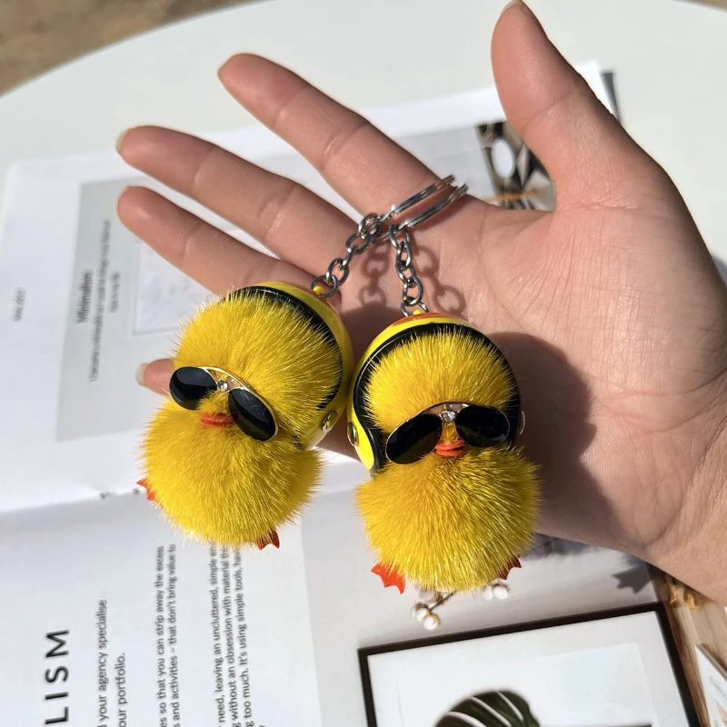 Cute Woman Keychain, A Cool Duck with Helmet and Eyes Mink Hair Little Duck Plush Bag Pendant  Car Keychain