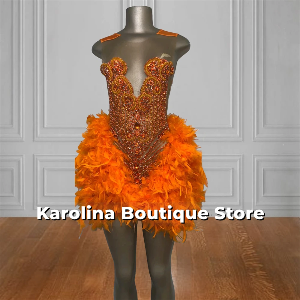 Hot Orange Feathers Crystals Beading Mermaid Prom Dress Rhinestones See Thru Mini Cocktail Homecoming Dresses Customized