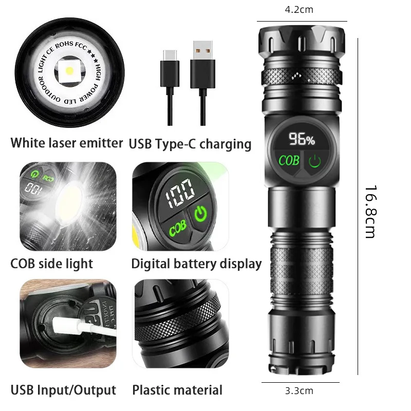 Portable rechargeable zoom flashlight with display screen, LED flashlight with emergency side light 5 lighting modes image 3
