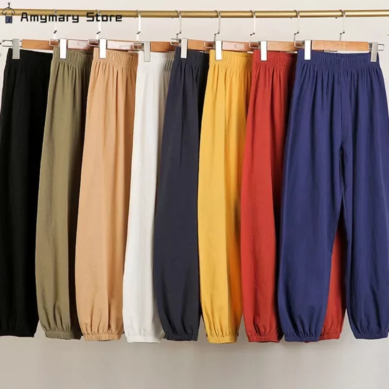 New Summer Women's Cotton Linen Bloomers Fashion Solid Color Thin Breathable Elastic Waist Casual Loose Harem Pants Multicolor