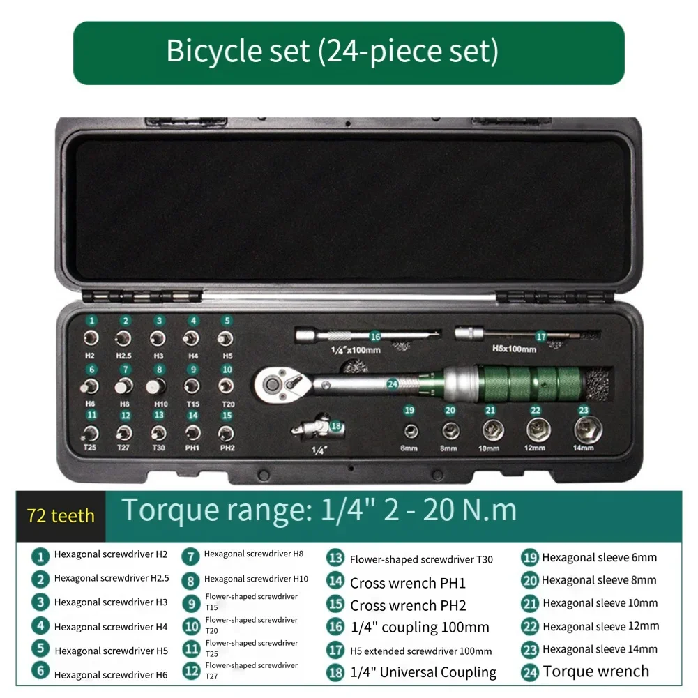 Bike Torque Wrench Set 15 or 24 Pieces with Dual Direction Ratchet for Efficient Clockwise and Counterclockwise Use