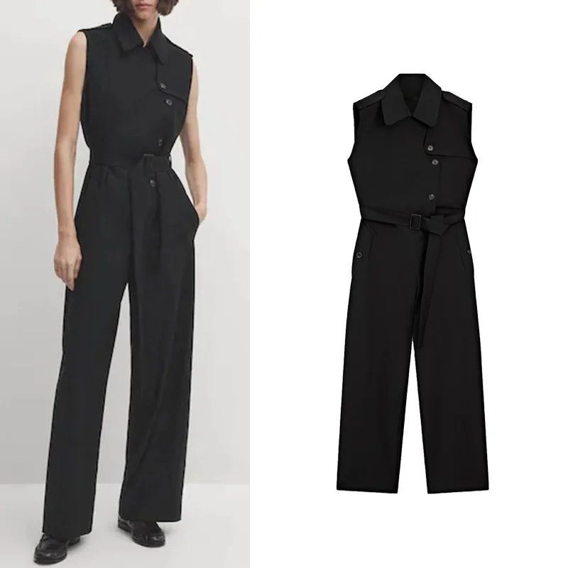 

Spring New Arrival Women's Bla Svel One-Piece Suit OL Sle Slimming Long Pants High Waist Commute Wide Leg Polyester