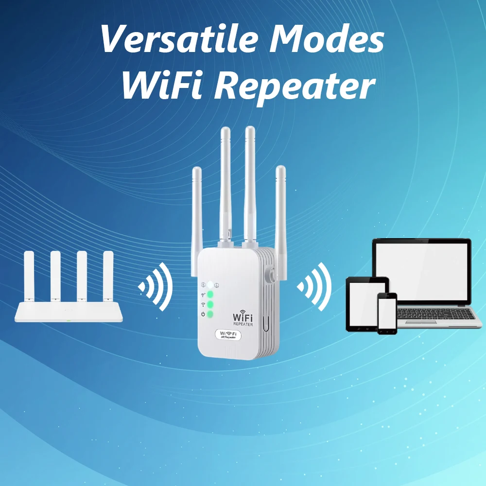WiFi Extender 300Mbps, 2.4Ghz, With 4 Antennas, 360° Full Coverage for 35+ Devices, Ethernet Port & 1-Tap Setup - Boost Signal